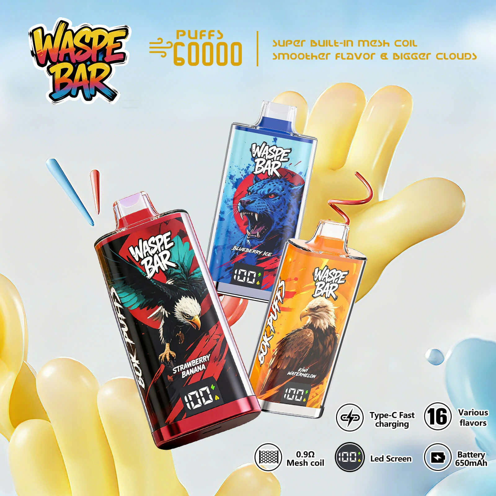 Waspe 3-in-1 60000 60K Boccate triplo gusto svapo monouso